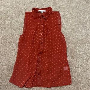 Sheer red button up polkadot top